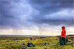 A woman is looking over an old moss-covered lava field in Iceland