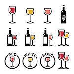 Drinking wine - glass and bottle vector icons set isolated on white