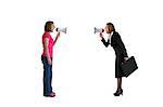 businesswoman and woman shouting with megaphones isolated on white background