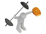 strong 3d man keeps one hand greater barbell and in other hand he keeps orange building helmet