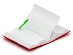 Open notepad in red cover with a green pen on a white background