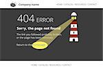 Page not found Error 404 with lighthouse on dark background. Text outlined. Used free font Open Sans