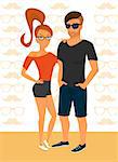 Hipster guy and his smiling girlfriend wearing red hair and glasses.  Contains EPS10 and high-resolution JPEG