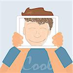 Guy holds tablet pc displaying fun smiling drawing. Contains EPS10 and high-resolution JPEG