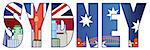 Sydney Australia Text Outline with Skyline Tower Bridge and Flag Color Illustration