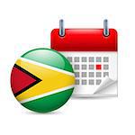 Calendar and round Guyanese flag icon. National holiday in Guyana