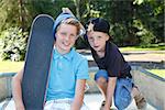 Cool young boys outdoor with skateboard