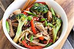 Udon noodles with meat, mushrooms and vegetables