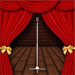Illustration of retro stage microphone behind red curtains.