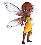 Cartoon fairy in yellow dress with pink wings.