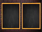 Illustration of two blank chalkboards in wooden frame on brick wall.