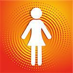 White vector woman icon on orange halftone background