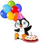 Cute Penguin with party hat holding balloons