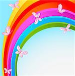 Flying butterflies against the backdrop of the cloudless sky with rainbow