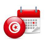 Calendar and round Tunisian flag icon. National holiday in Tunisia