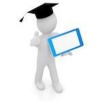 3d white man in a grad hat with thumb up and tablet pc - best gift a student on a white background