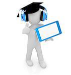 3d white man in a grad hat with thumb up, headphone and tablet pc - best gift a student on a white background