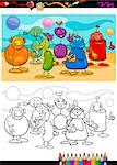 Coloring Book or Page Cartoon Illustration of Black and White Funny Fantasy Characters or Aliens Group for Children