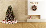 Christmas lounge with fireplace and tree with gift - rendering