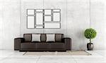 Brown sofa with cushion in a minimalist concrete room - rendering