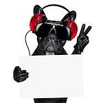 cool dj dog listening to music holding a white and blank banner or placard with peace or victory fingers