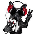 cool dj dog listening to music with earphones and music player with peace or victory fingers