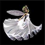 3d render of cute fairy in white glittering dress on black.