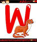Cartoon Illustration of Capital Letter W from Alphabet with Weasel Animal for Children Education