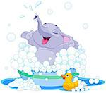 Illustration of cute elephant takes bath into basin