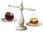 Apple and burger on scales. Healthy eating willpower concept, stocking to a diet can be hard, the burger is looking more appealing than the apple