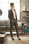 Full length portrait of business woman with magazine standing in loft apartment