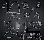 Composite image of math and science doodles against blackboard
