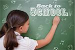 Composite image of back to school message against cute pupil writing on chalkboard