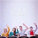 The word study against college students raising hands in the classroom