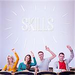 The word skills against college students raising hands in the classroom