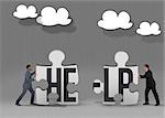 The word help and businessman pushing against grey jigsaw pieces