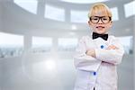 Cute pupil dressed up as teacher against bright white room with windows