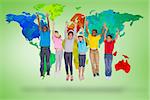 Elementary pupils jumping against green vignette with world map