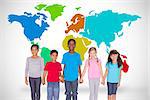 Elementary pupils smiling  against white background  with world map