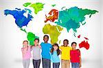 Elementary pupils smiling against white background  with world map