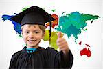 Cute pupil in graduation robe against white background  with world map