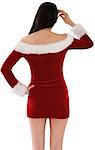 Santa girl standing scratching head on white background