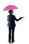 Smiling businesswoman holding pink umbrella on white background