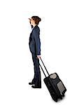 Businesswoman holding suitcase and looking on white background