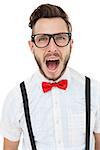 Nerdy businessman shouting with mouth open on white background