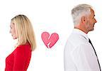 Couple not talking with broken heart between them on white background