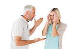 Angry man shouting at his partner on white background