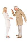 Angry couple fighting in trench coats on white background