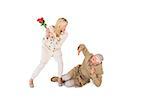 Angry woman attacking partner with rose bouquet on white background