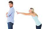 Desperate blonde reaching for boyfriend on white background